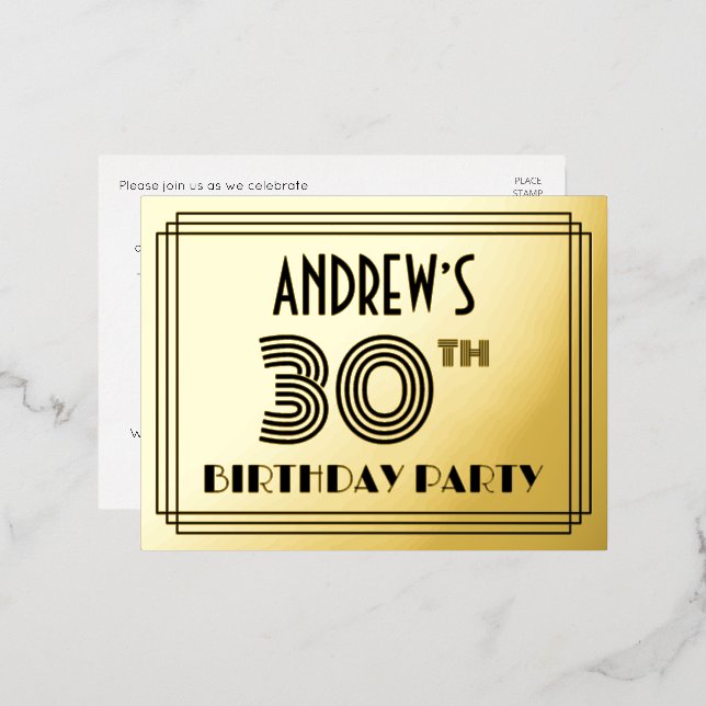 30th Birthday Party ~ Art Deco Style “30” + Name Foil Invitation Postcard (Front/Back)