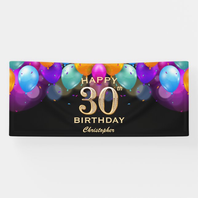 30th Birthday Party Black and Gold Balloons Banner (Horizontal)