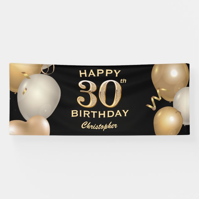 30th Birthday Party Black and Gold Balloons Banner (Horizontal)