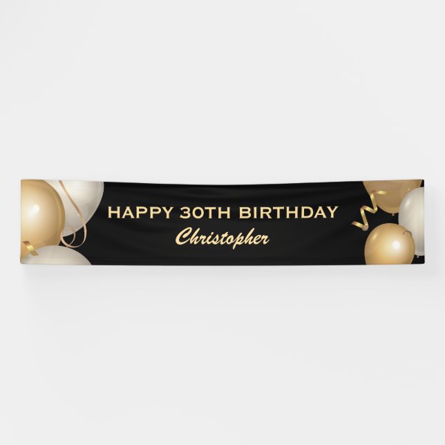 30th Birthday Party Black and Gold Balloons Banner (Horizontal)