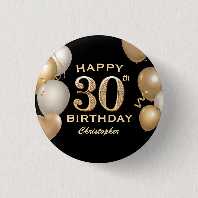 30th Birthday Party Black and Gold Balloons Button (Front)