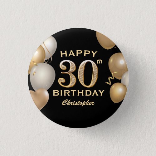 30th Birthday Party Black and Gold Balloons Button