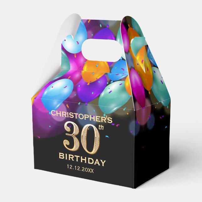 30th Birthday Party Black and Gold Balloons Favor Boxes (Front Side)