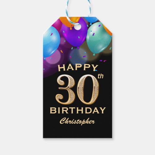 30th Birthday Party Black and Gold Balloons Gift Tags