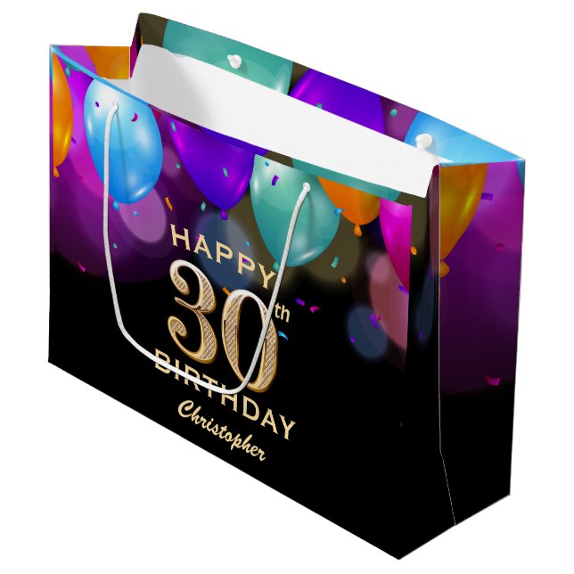 30th Birthday Party Black and Gold Balloons Large Gift Bag (Front Angled)