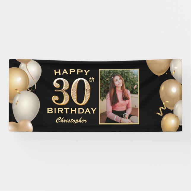 30th Birthday Party Black and Gold Balloons Photo Banner (Horizontal)