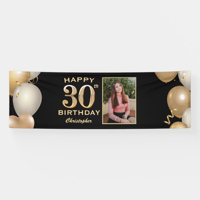 30th Birthday Party Black and Gold Balloons Photo Banner (Horizontal)