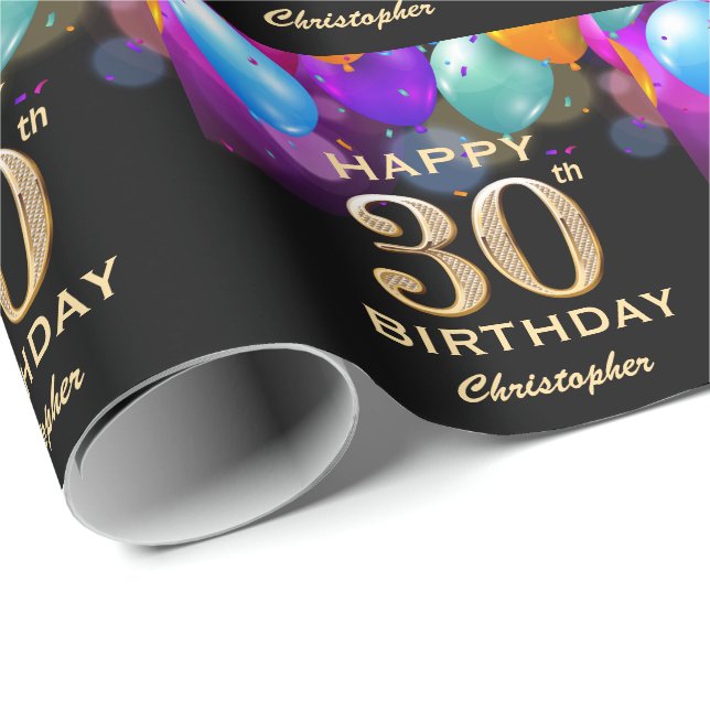 30th Birthday Party Black and Gold Balloons Wrapping Paper (Roll Corner)