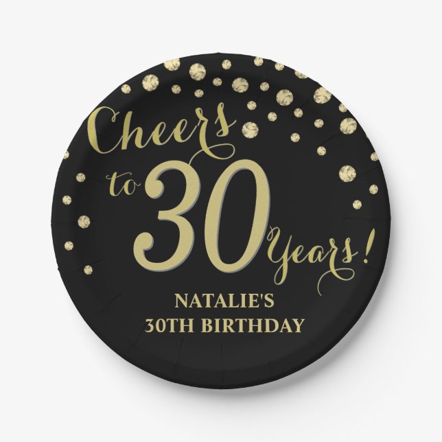 30th Birthday Party Black and Gold Diamond Paper Plates (Front)