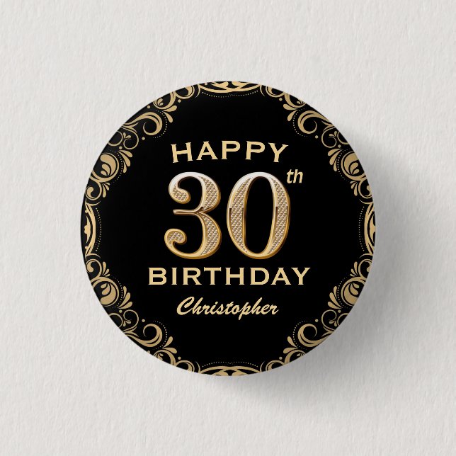 30th Birthday Party Black and Gold Glitter Frame Button (Front)