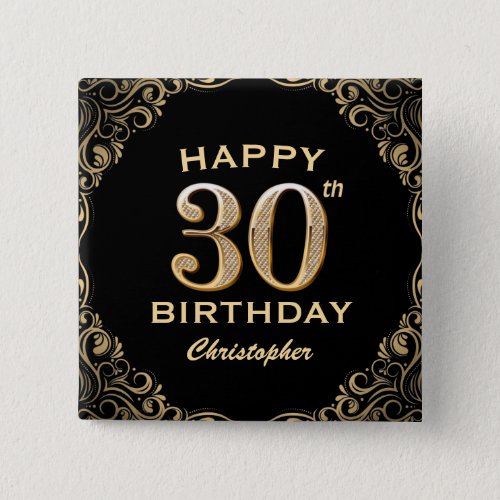 30th Birthday Party Black and Gold Glitter Frame Button