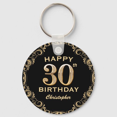 30th Birthday Party Black and Gold Glitter Frame Keychain