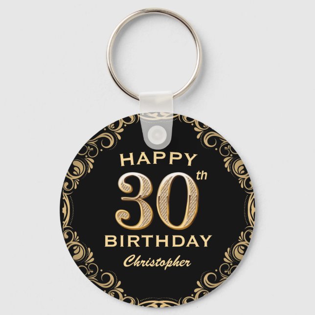 30th Birthday Party Black and Gold Glitter Frame Keychain (Front)