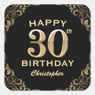 30th Birthday Party Black and Gold Glitter Frame Square Sticker