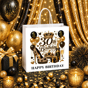 30th Birthday Party Black and Gold Luxe Birthday B Large Gift Bag