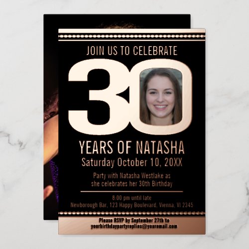 30th Birthday party black and rose gold foil photo Foil Invitation