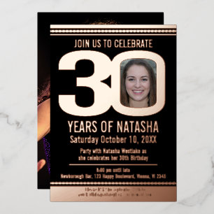 30th Birthday party black and rose gold foil photo Invitation