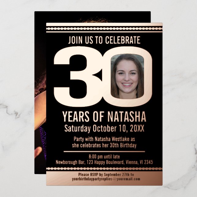 30th Birthday party black and rose gold foil photo Invitation (Front/Back)