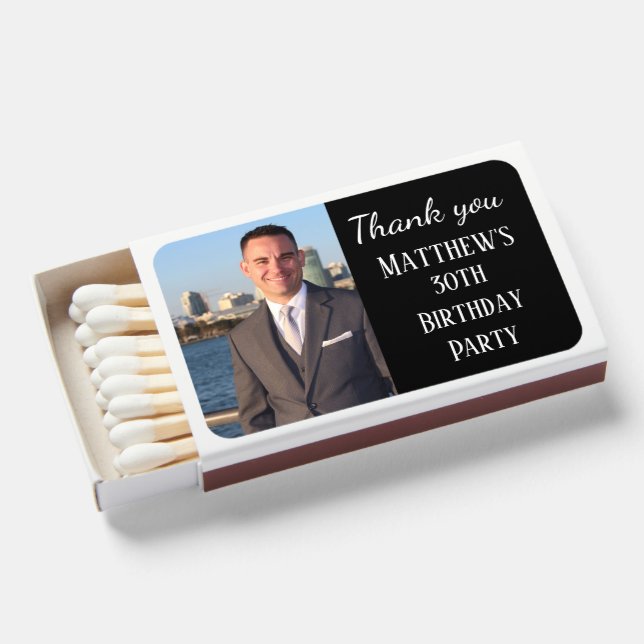 30th Birthday Party Black Elegant Modern Matchboxes (Front Open)