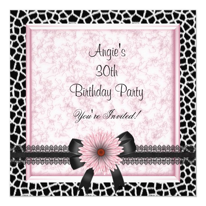 30th Birthday Party Black Giraffe Pink Floral Bow Custom Invite