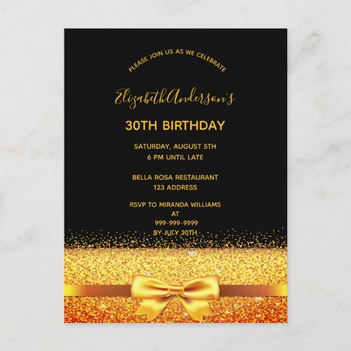 30th birthday party black gold bow invitation postcard