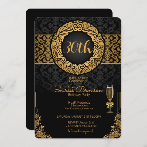 30th Birthday Party Black  Gold Elegant Birthday  Invitation