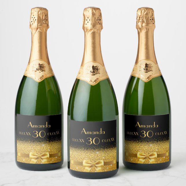 30th birthday party black gold name chic sparkling wine label (Bottles)