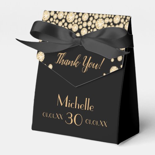 30th birthday party black gold name thank yoy favor boxes