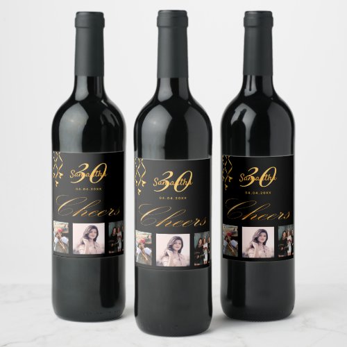 30th birthday party black gold photo cheers script wine label