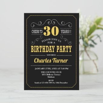 30th Birthday Party - Black Gold White Invitation | Zazzle