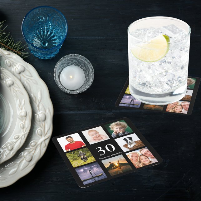 30th birthday party black photo collage guy square paper coaster (Creator Uploaded)