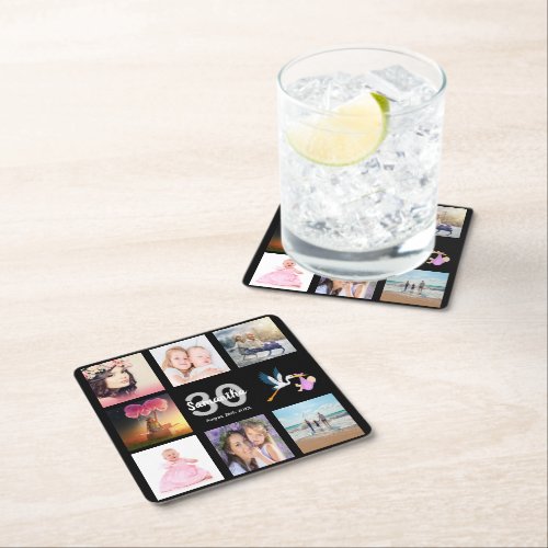 30th birthday party black photo collage name square paper coaster