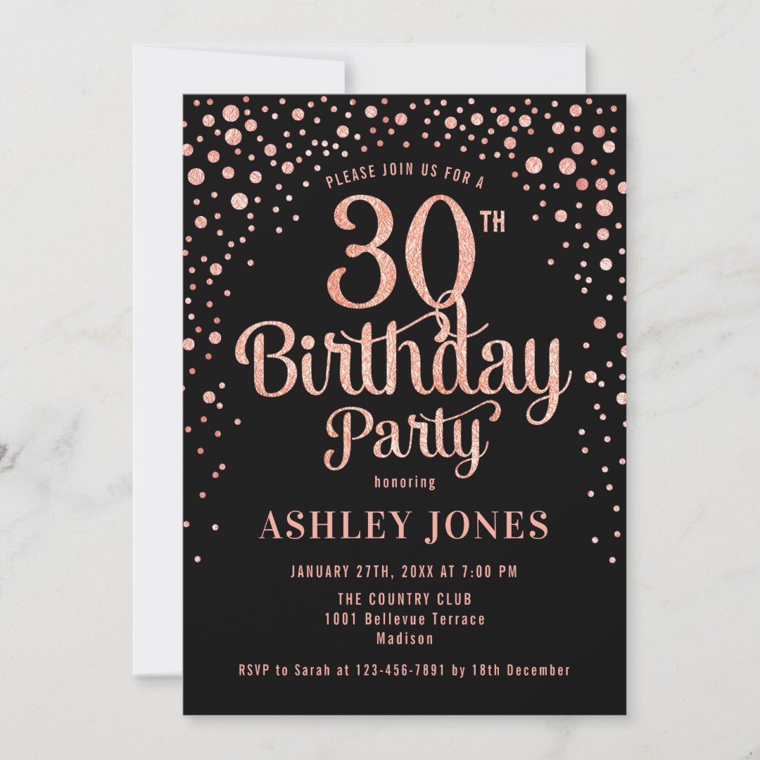 30th Birthday Party - Black & Rose Gold Invitation | Zazzle