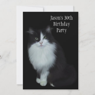 30th Birthday Party Black & White Cat Invitation