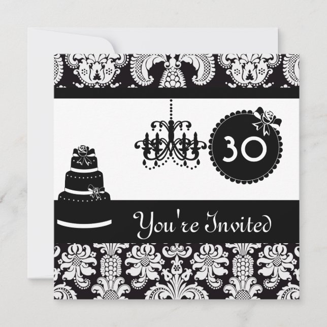 30th Birthday Party Black & White Damask Inviites Invitation (Front)