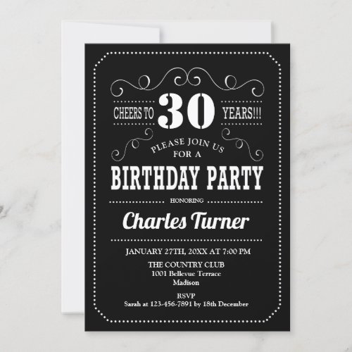 30th Birthday Party _ Black White Invitation