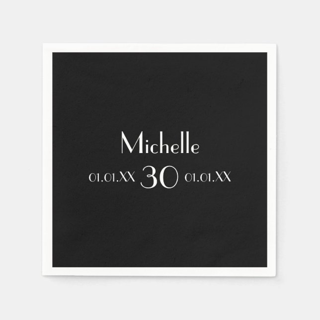30th birthday party black white name minimalist napkins (Front)