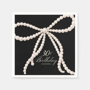 30th Birthday Party Black White Pearl Bow Cocktail Napkins