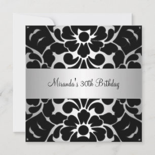 30th Birthday Party Black White Silver Floral Invitation