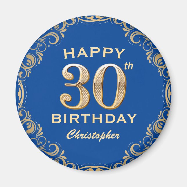 30th Birthday Party Blue and Gold Glitter Frame Magnet (Front)