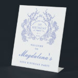 30th Birthday Party Blue Floral Crest Welcome Pedestal Sign<br><div class="desc">An elegant French vintage blue floral crest takes center stage on this timeless birthday welcome sign. Ornate,  formal and very feminine will make any birthday lady feel very special. Coordinating party supplies are available.</div>