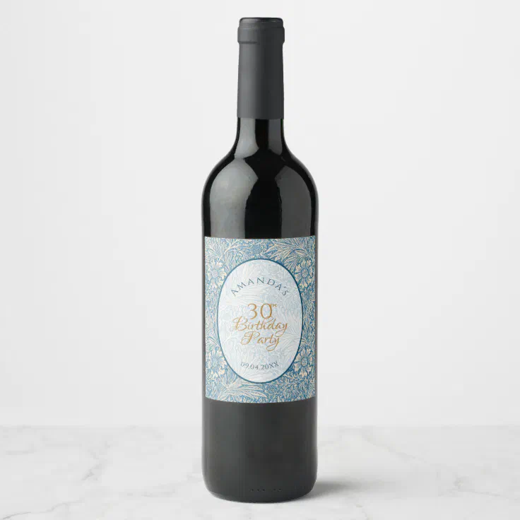 30th Birthday Party Blue Floral Marigold Morris Wine Label ...
