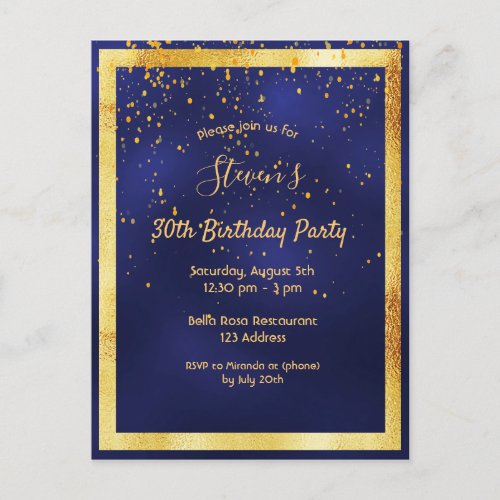30th birthday party blue gold confetti invitation postcard