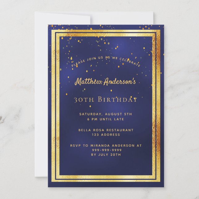 30th birthday party blue gold confetti sprinkle invitation (Front)