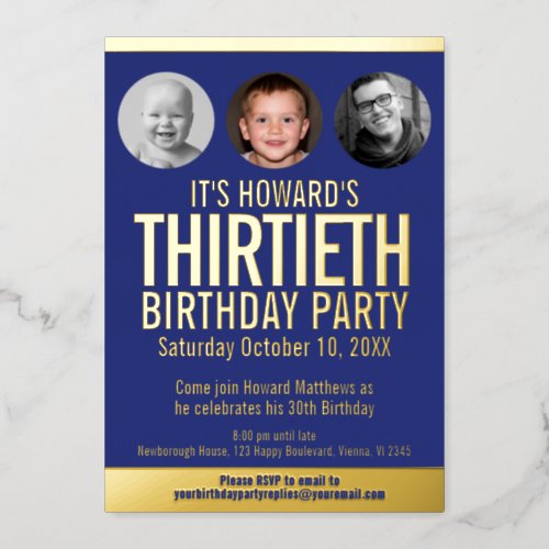 30th Birthday party blue gold foil photo circles Foil Invitation