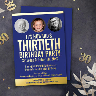 30th Birthday party blue gold foil photo circles Invitation