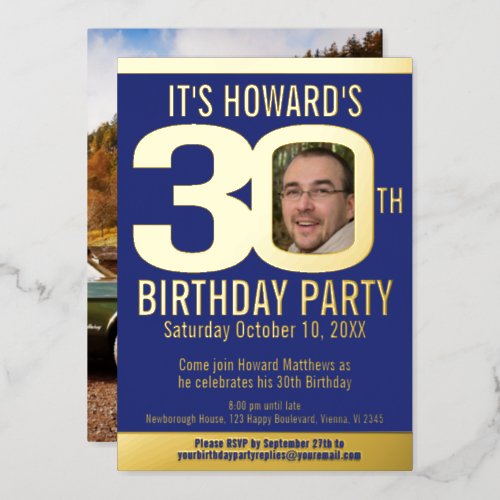 30th Birthday party blue gold foil photo Foil Invitation