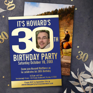 30th Birthday party blue gold foil photo Invitation