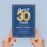 30th Birthday Party Blue Gold Invitation<br><div class="desc">Elegant thirtieth birthday party invitation featuring a trendy blue background that can be changed to any color,  gold sparkly glitter,  thirty gold hellium balloons,  and a modern 30th birthday celebration text template that is easy to personalize.</div>