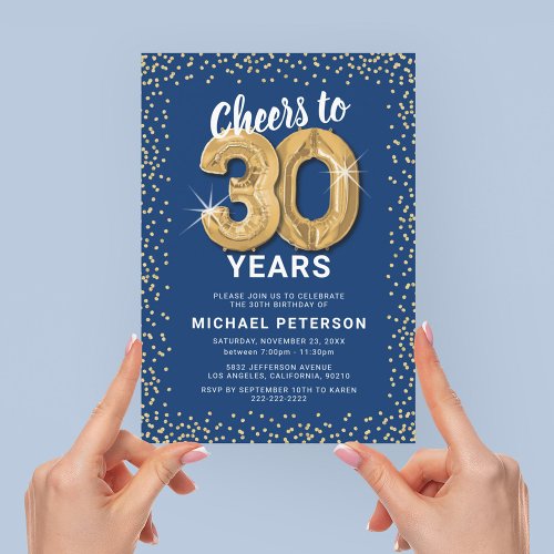 30th Birthday Party Blue Gold Invitation